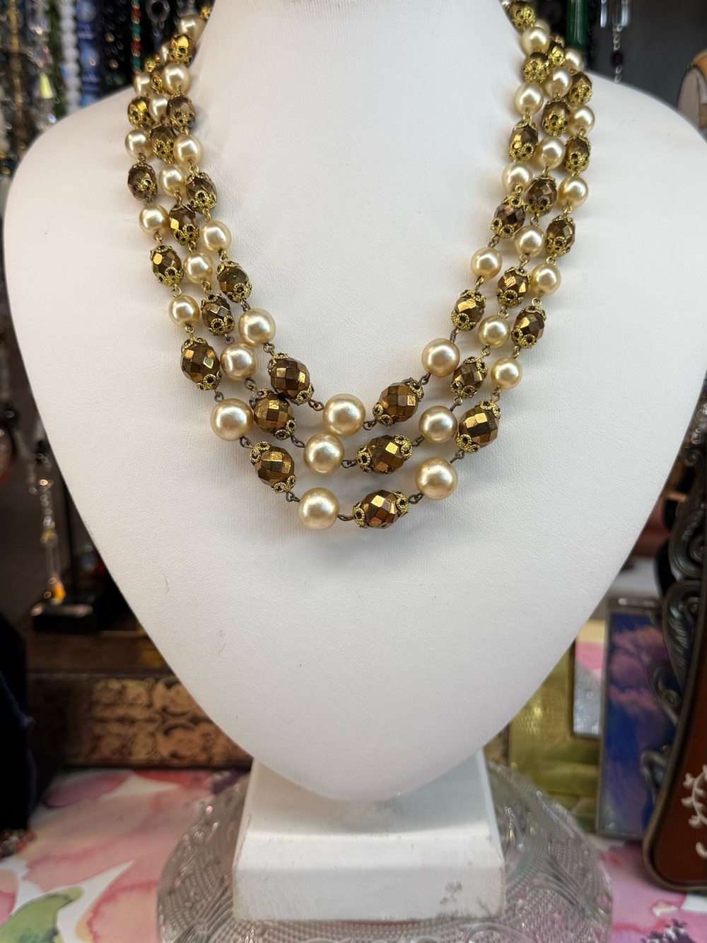 Vintage Japan Gold and Cream Triple Strand Beaded Necklace - Women Jewelry